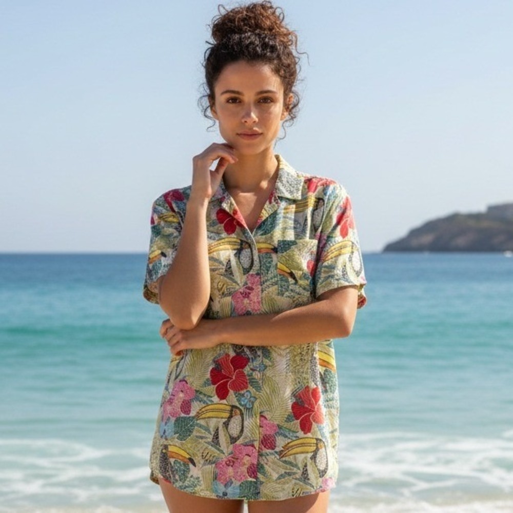 Tommy Bahama Women's XL Toucan Floral Print Short Sleeve Linen Shirt NWOT